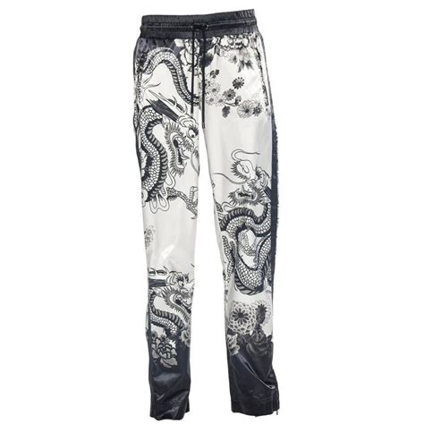 Dolce & Gabbana Men's White Black Satin Dragon Print Pants